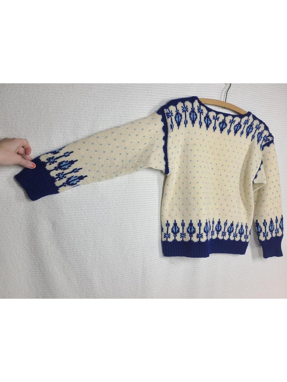 Vintage 60s Norwegian Knit Sweater Women's M Hand Knit Blue Drip Intarsia Norway - Picture 9 of 10